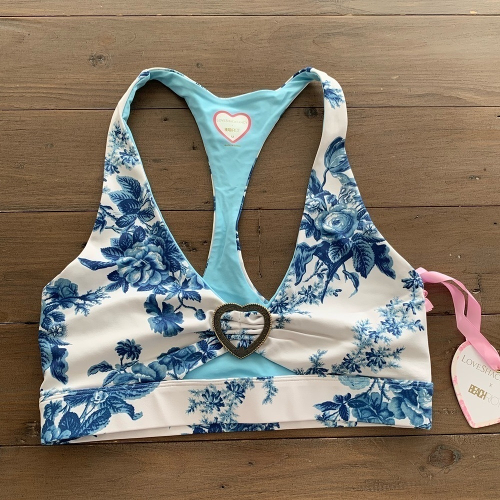 LoveShackFancy X Beach Riot blue China floral sports bra NWT - Picture 2 of 4